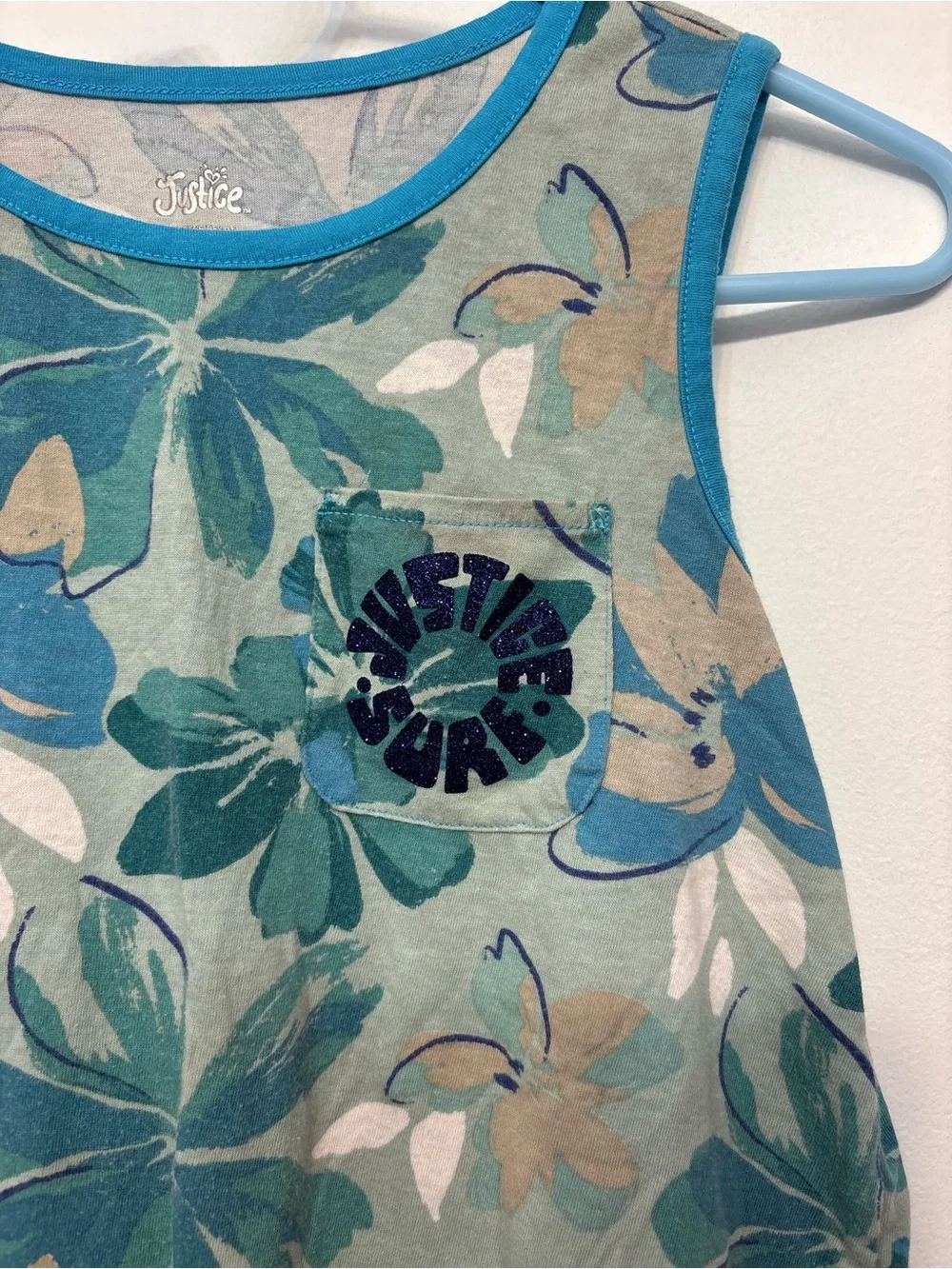 Justice Green & Blue Floral “Justice Surf” Front Tie Tank Top Girls Large 12/14